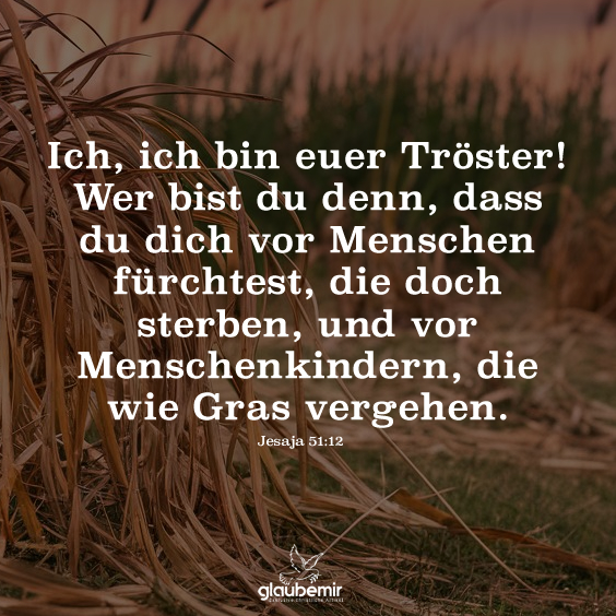 Ich, ich bin euer Tröster! Wer bist du denn, dass du dich vor Menschen fürchtest, die doch sterben, und vor Menschenkindern, die wie Gras vergehen. Jesaja 51:12