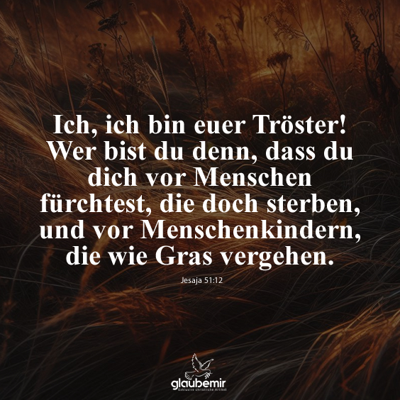 Ich, ich bin euer Tröster! Wer bist du denn, dass du dich vor Menschen fürchtest, die doch sterben, und vor Menschenkindern, die wie Gras vergehen. Jesaja 51:12