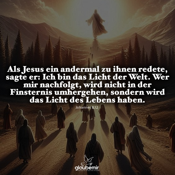 Als Jesus ein andermal zu ihnen redete, sagte er: Ich bin das Licht der Welt. Wer mir nachfolgt, wird nicht in der Finsternis umhergehen, sondern wird das Licht des Lebens haben. Johannes 8,12