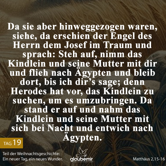 Da sie aber hinweggezogen waren, siehe, da erschien der Engel des Herrn dem Josef im Traum und sprach: Steh auf, nimm das Kindlein und seine Mutter mit dir und flieh nach Ägypten und bleib dort, bis ich dir’s sage; denn Herodes hat vor, das Kindlein zu suchen, um es umzubringen. Da stand er auf und nahm das Kindlein und seine Mutter mit sich bei Nacht und entwich nach Ägypten.