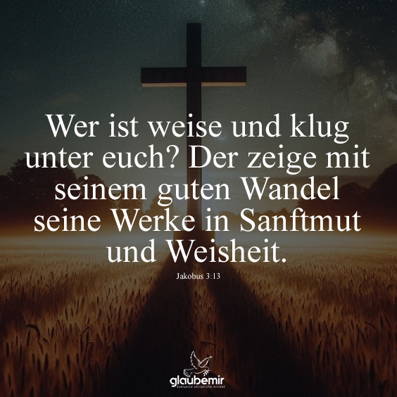 Wer ist weise und klug unter euch? Der zeige mit seinem guten Wandel seine Werke in Sanftmut und Weisheit. Jakobus 3:13