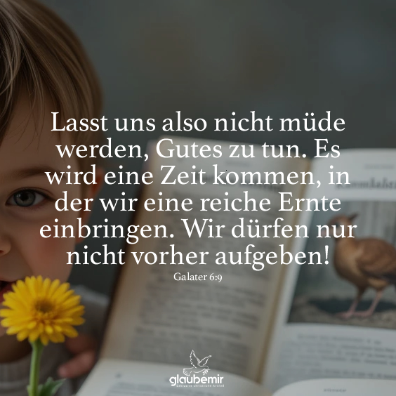 Lasst uns also nicht müde werden, Gutes zu tun. Es wird eine Zeit kommen, in der wir eine reiche Ernte einbringen. Wir dürfen nur nicht vorher aufgeben! Galater 6:9