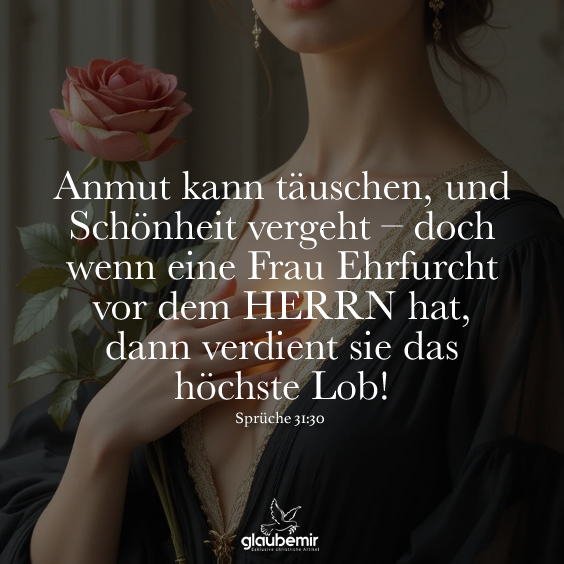 Anmut kann täuschen, und Schönheit vergeht – doch wenn eine Frau Ehrfurcht vor dem HERRN hat, dann verdient sie das höchste Lob! Sprüche 31:30