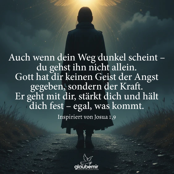 Auch wenn dein Weg dunkel scheint – du gehst ihn nicht allein. Gott hat dir keinen Geist der Angst gegeben, sondern der Kraft. Er geht mit dir, stärkt dich und hält dich fest – egal, was kommt. Inspiriert von Josua 1:9