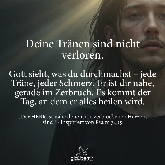 Deine Tränen sind nicht verloren. Gott sieht, was du durchmachst – jede Träne, jeder Schmerz. Er ist dir nahe, gerade im Zerbruch. Es kommt der Tag, an dem er alles heilen wird. „Der HERR ist nahe denen, die zerbrochenen Herzens sind.“ - inspiriert von Psalm 34,19