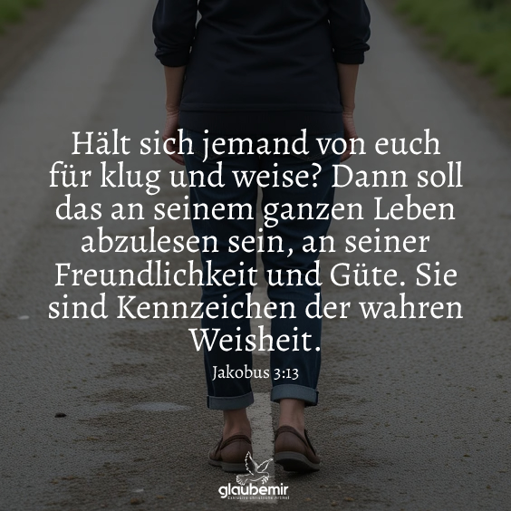 Hält sich jemand von euch für klug und weise? Dann soll das an seinem ganzen Leben abzulesen sein, an seiner Freundlichkeit und Güte. Sie sind Kennzeichen der wahren Weisheit. Jakobus 3:13