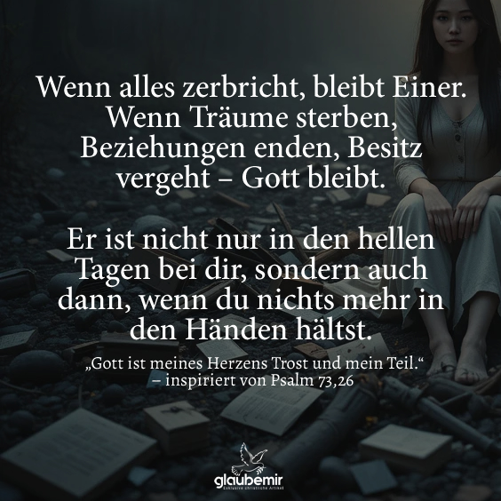 Wenn alles zerbricht, bleibt Einer. Wenn Träume sterben, Beziehungen enden, Besitz vergeht – Gott bleibt. Er ist nicht nur in den hellen Tagen bei dir, sondern auch dann, wenn du nichts mehr in den Händen hältst. „Gott ist meines Herzens Trost und mein Teil.“ – inspiriert von Psalm 73,26